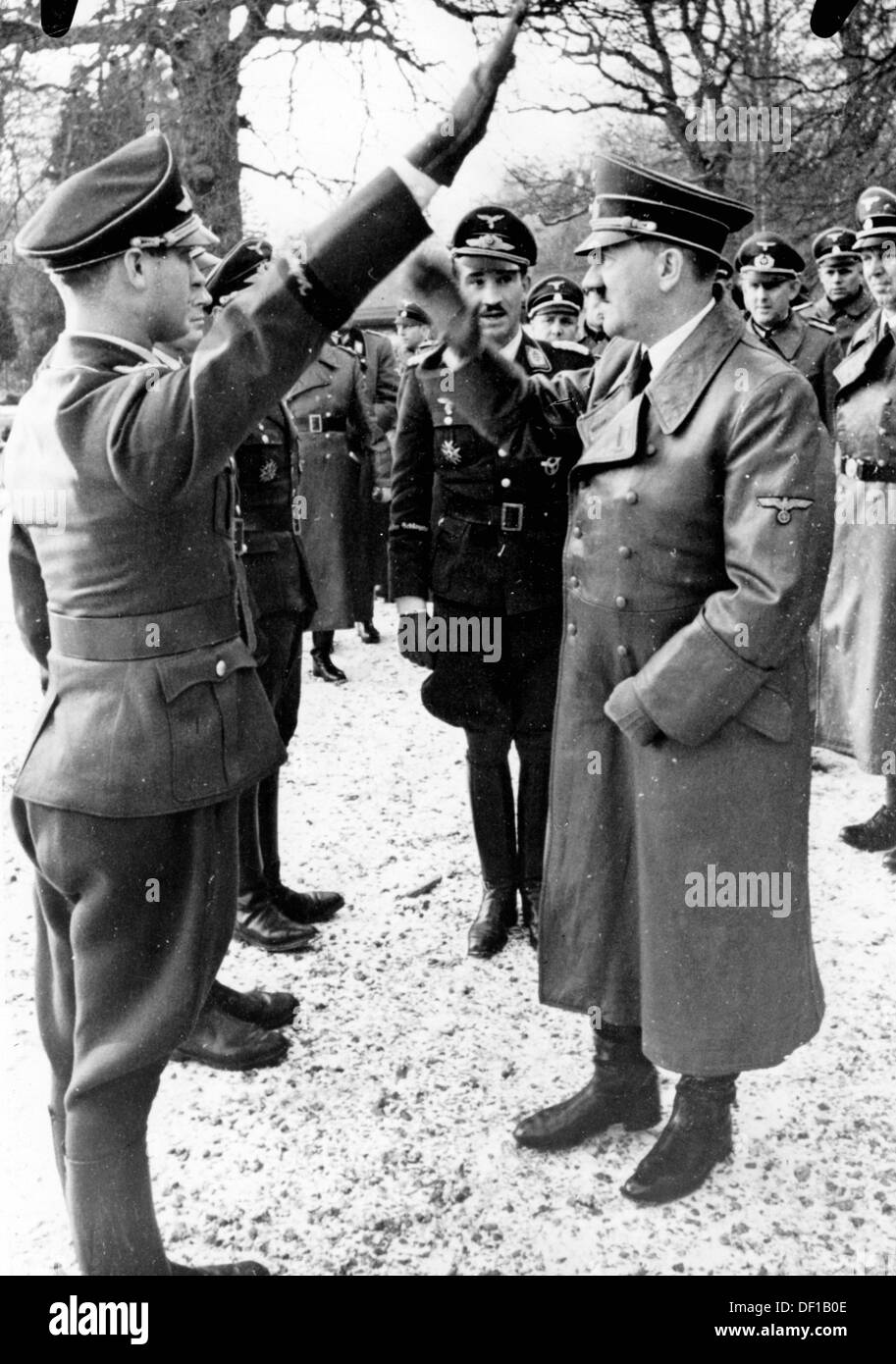 The image from the Nazi Propaganda! shows Adolf HItler during his visit to the fighter wind 26 'Schlageter' in early April 1941. Fotoarchiv für Zeitgeschichte Stock Photo