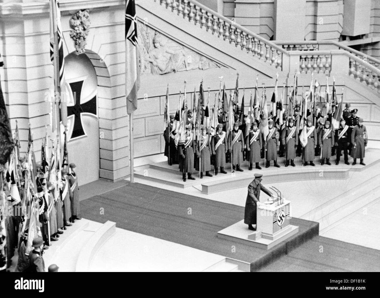 The image from the Nazi Propaganda! shows Adolf Hitler in the yard of the Zeughaus in Berlin, Germany, during the ceremony on the occasion of the Heldengedenktag (Day of Commemoration of Heroes) on 15 March 1942. Fotoarchiv für Zeitgeschichte Stock Photo