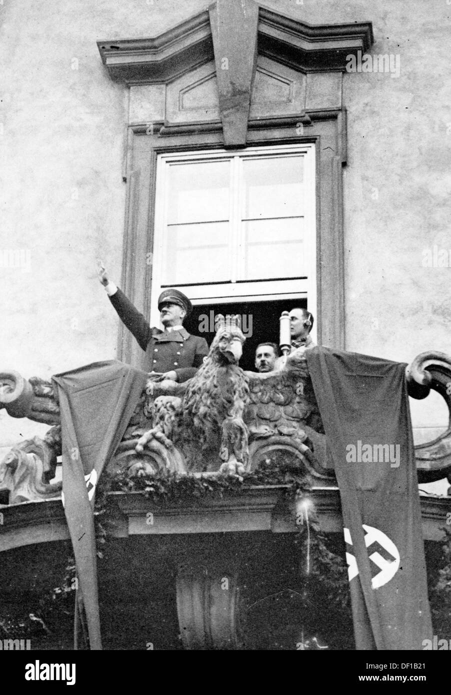 The image from the Nazi Propaganda! shows Adolf HItler on the balcony of the city hall of Brünn, Czech Republic, on 18 March 1939. Three days earlier, the protectorate Bohemia and Moravia were established after the invaions of German troops into the territories that had been independent before. Fotoarchiv für Zeitgeschichte Stock Photo