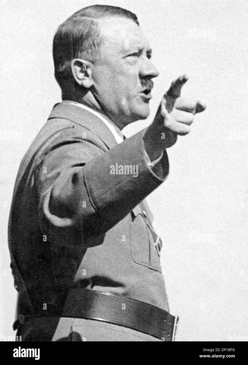 The image from the Nazi Propaganda! shows Adolf HItler delivering a speech with a outstrechted arm and index finger. Date and place unknown. Fotoarchiv für Zeitgeschichte Stock Photo