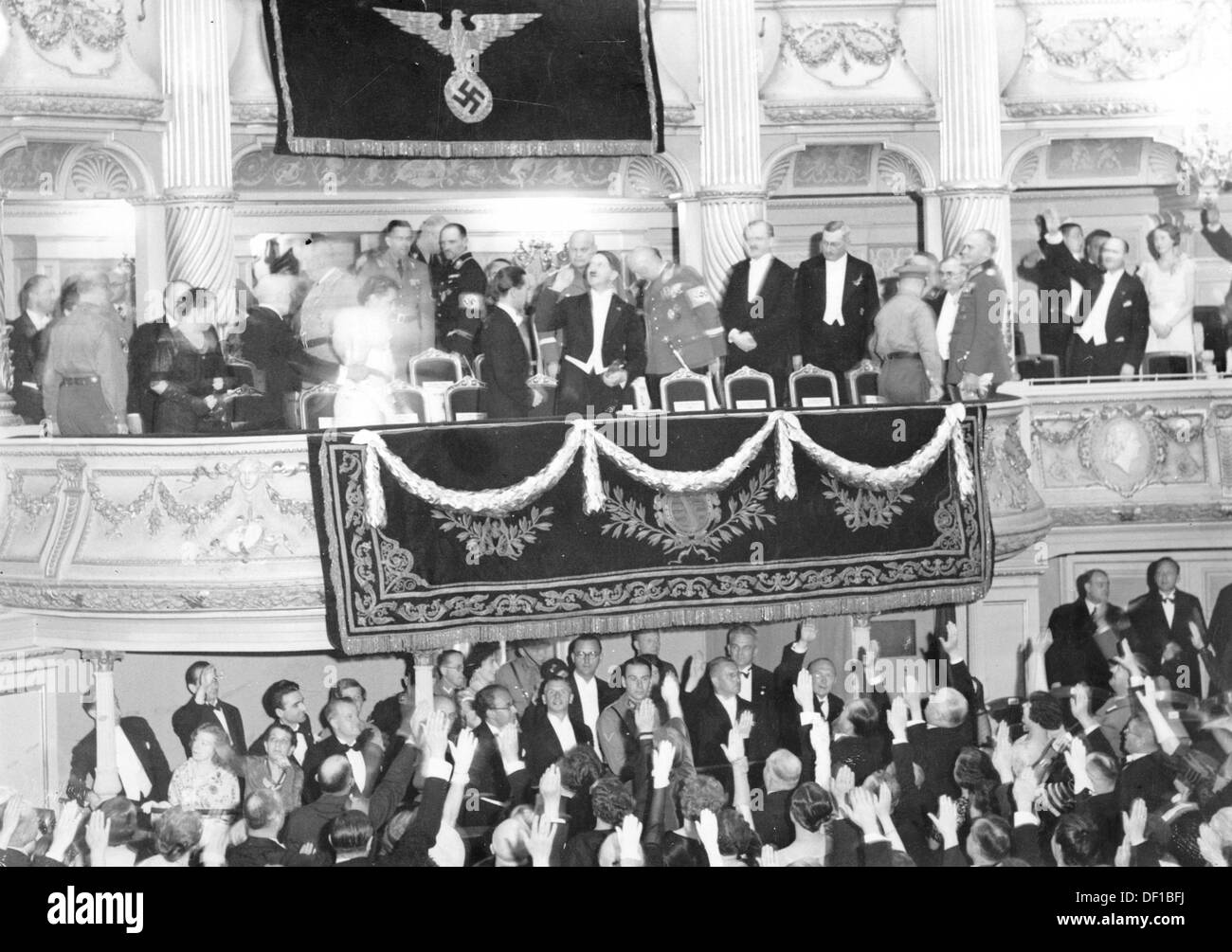 The image from the Nazi Propaganda! shows Adolf Hitler in the luxury suite of the Semperoper in Dresden, Germany. Date unknown. Fotoarchiv für Zeitgeschichte Stock Photo