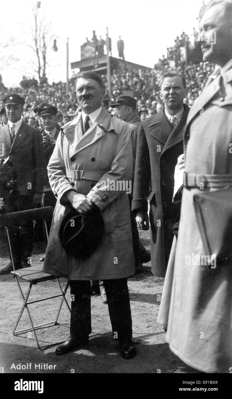 The image from the Nazi Propaganda! shows Adolf Hitler on a velodrom in 1932. To his right, Hermann Göring. Place unknown. Fotoarchiv für Zeitgeschichte Stock Photo
