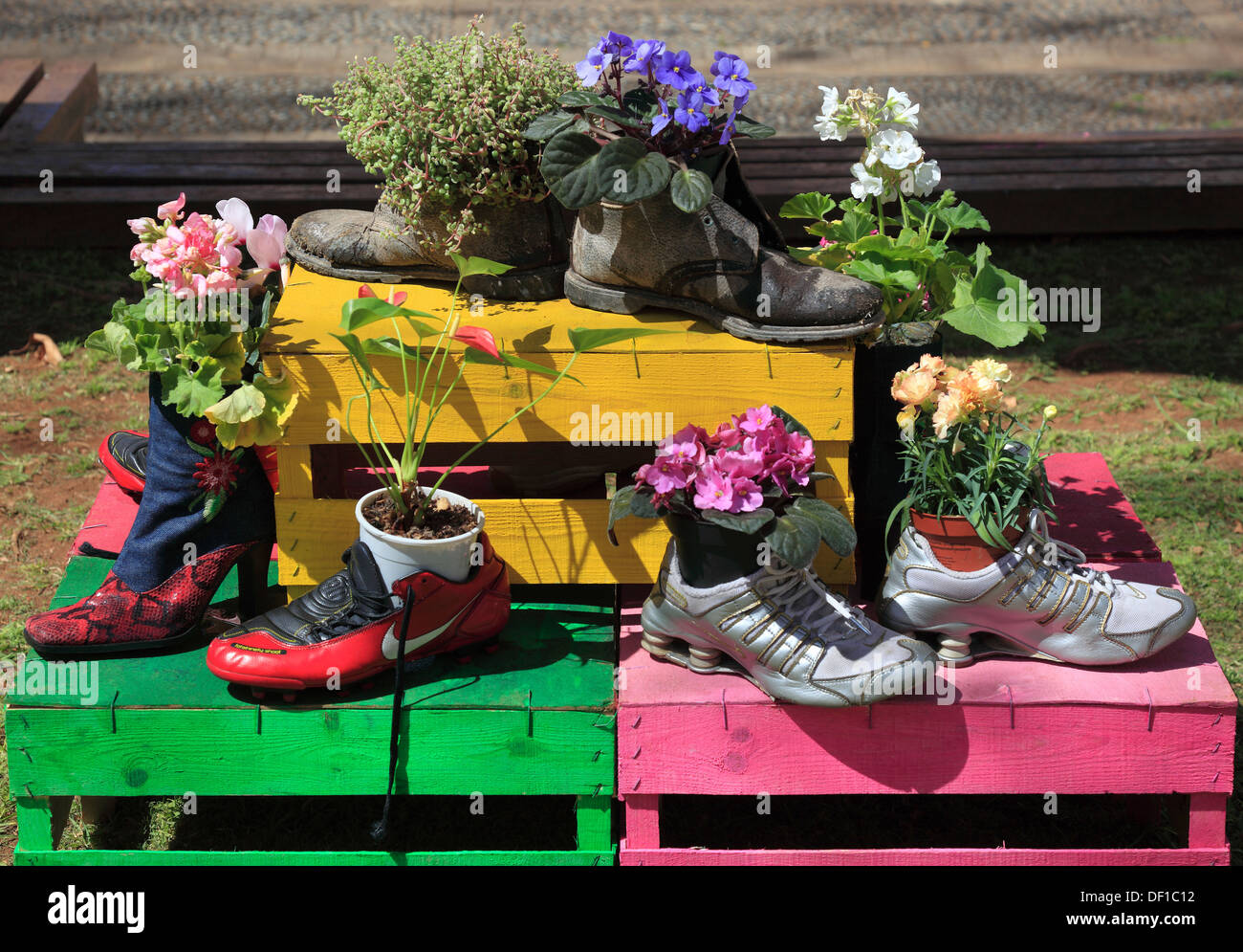 Madeira, floral arrangements, art object, planted shoes, flower decoration Stock Photo