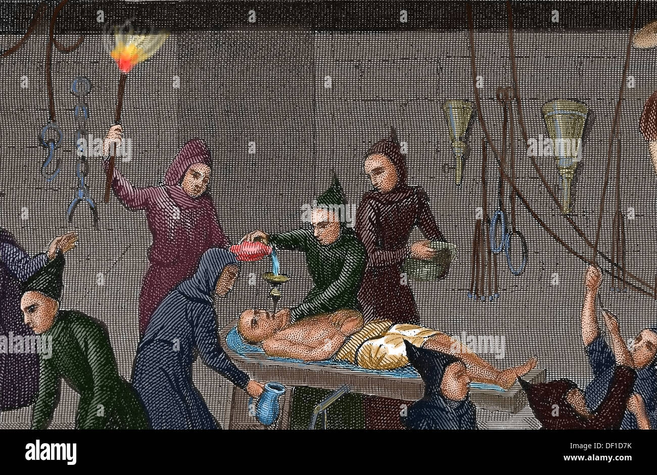 Middle Ages. Inquisition. Interrogations, confessions and torture. Colored engraving. Stock Photo