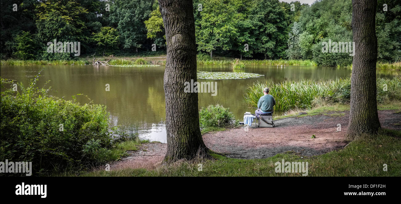 An angler fishing in Old Hall Pond in Thorndon Country Park in Essex. Stock Photo