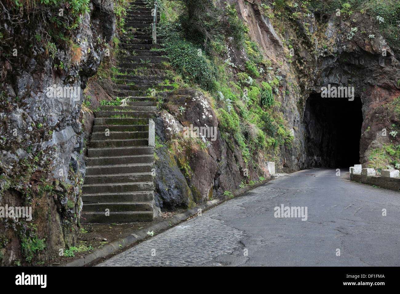Madeira island, stone steps to the top and small tunnel through the ...