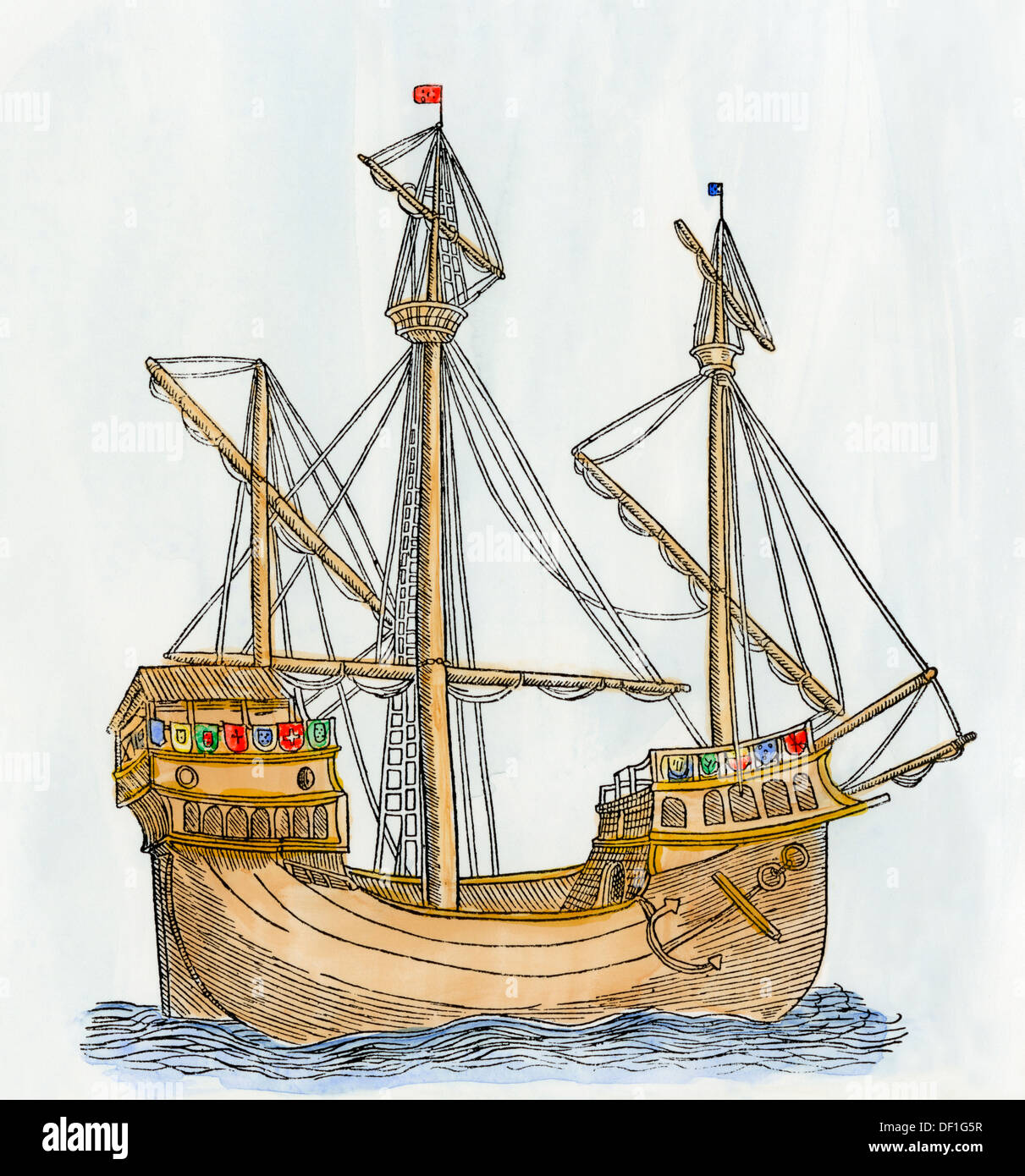One of Albuquerque's ships in the Portuguese attack on Aden, 1513. Hand-colored woodcut Stock Photo
