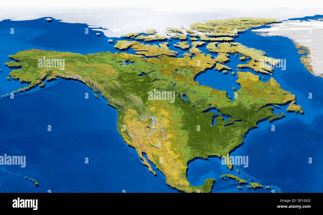 Natural Colour Satellite Image Map of North America with topographic relief Stock Photo