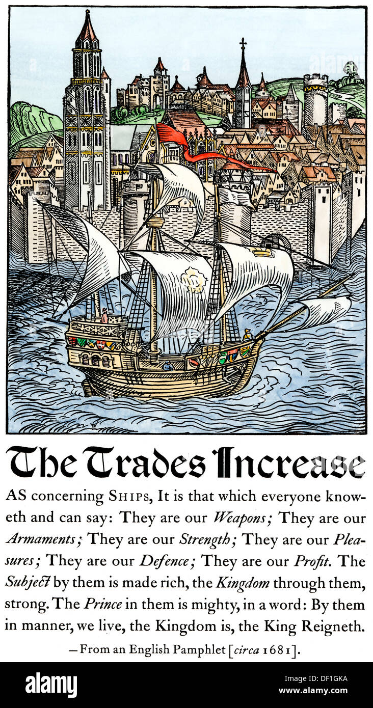 'The Trades Increase, as Concerning Ships,' English pamphlet, 1681.  Hand-colored woodcut Stock Photo
