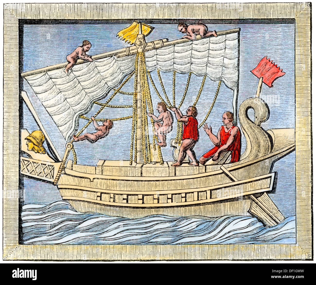 Roman sailors hoisting sail, from art on a tomb at Pompeii. Hand-colored woodcut Stock Photo