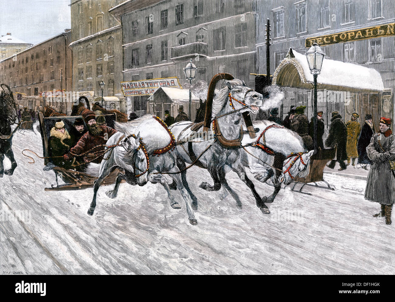 Russian troika on a snowy street in St. Petersburg, Russia, 1880s. Hand-colored woodcut Stock Photo