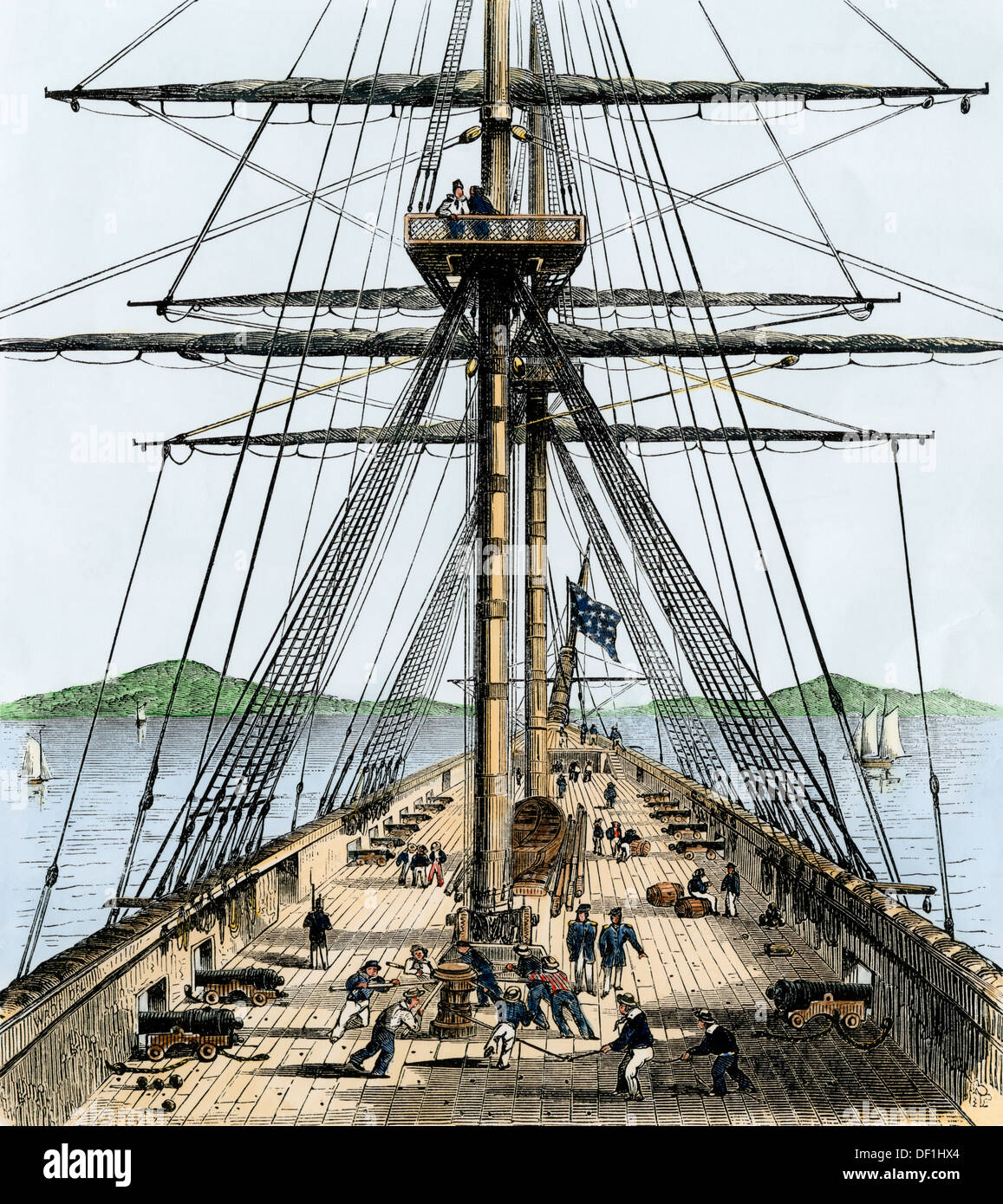 Deck of American battleship, 1850s. Hand-colored woodcut Stock Photo