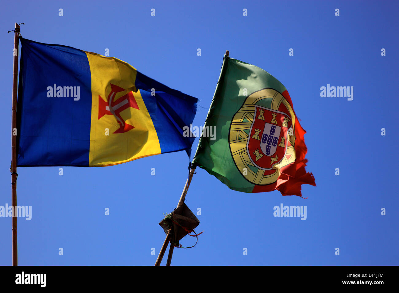 Portugal flag on the right, left Madeira flag, flags Stock Photo