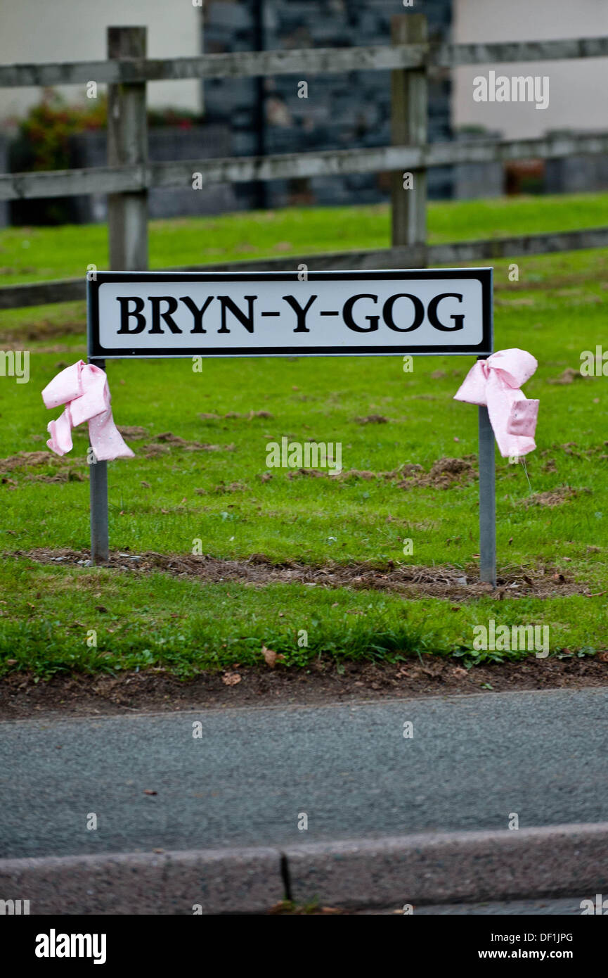 Machynlleth, Wales, UK . 26th Sep, 2013. Thursday  26  September  2013  Pictured:The sign at the entrance to the Bryn Y Gog Estate with pink Ribons tied to it.    Re: The funeral of April Jones takes place at St.Peters Church Machynlleth, Powys. 47 year old Mark Bridgers has been jailed for life for her murder. Credit:  D Legakis/Alamy Live News Stock Photo