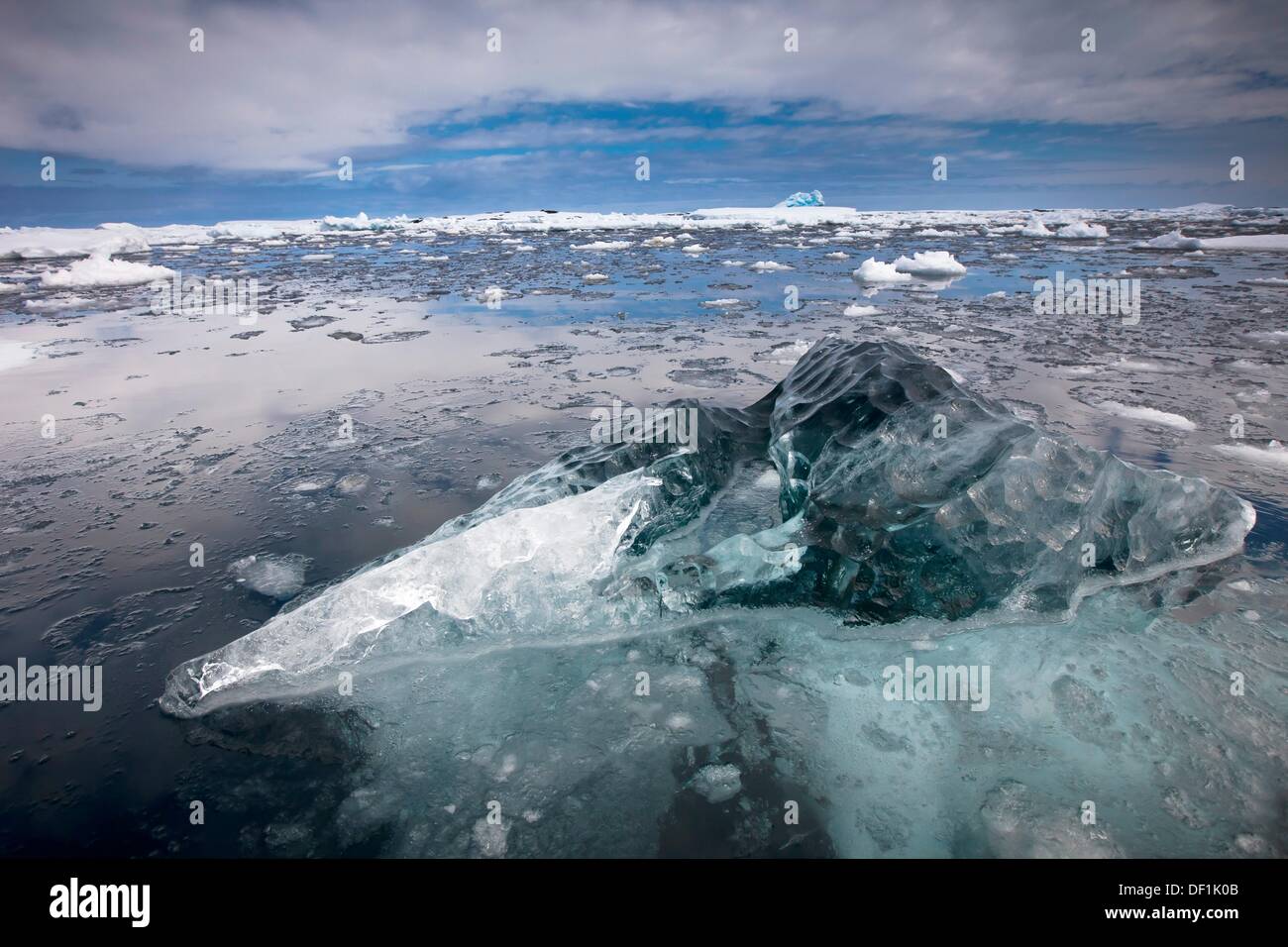 Hard, highly compressed translucent ice floats among brash ice, Penola Strait, Antarctic Peninsula. Stock Photo