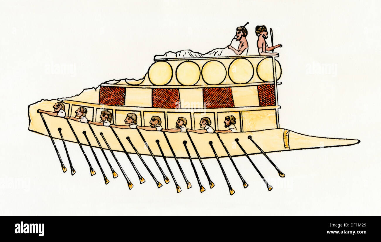 Phoenician ship with two rows of oars about 700 BC, from a bas-relief at Nineveh. Hand-colored woodcut Stock Photo