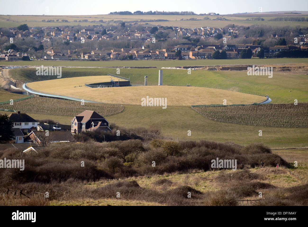 Water treatment works in Peacehaven, east Sussex with large grass roof. Stock Photo