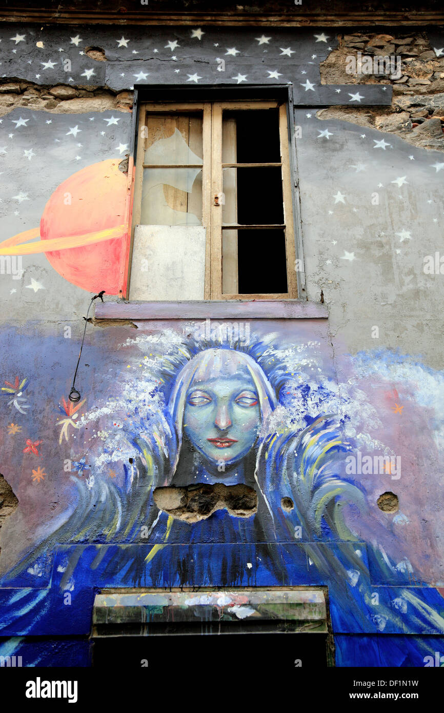 Madeira, Funchal, painted wall in the old city, , The art of open doors in the street of Santa Maria Stock Photo