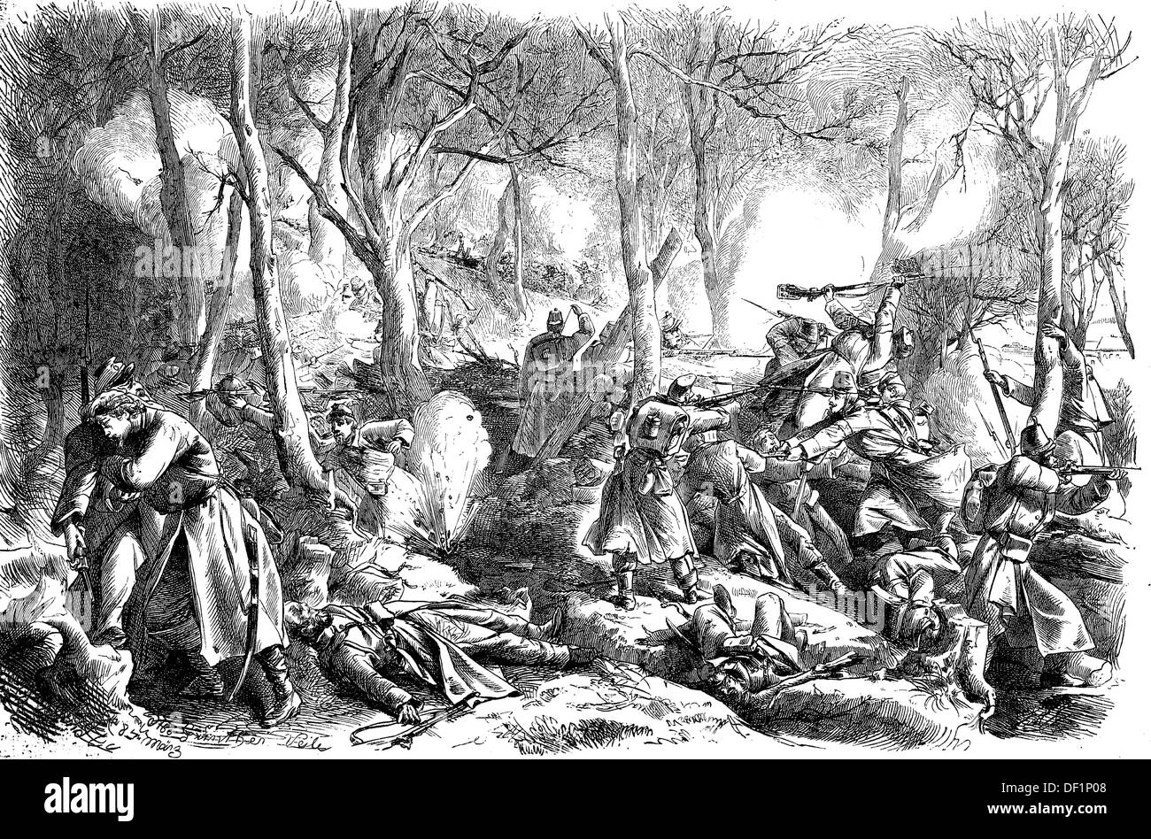 The battle in the canyon on the road Horsenser in Vejle, woodcut from 1864 Stock Photo