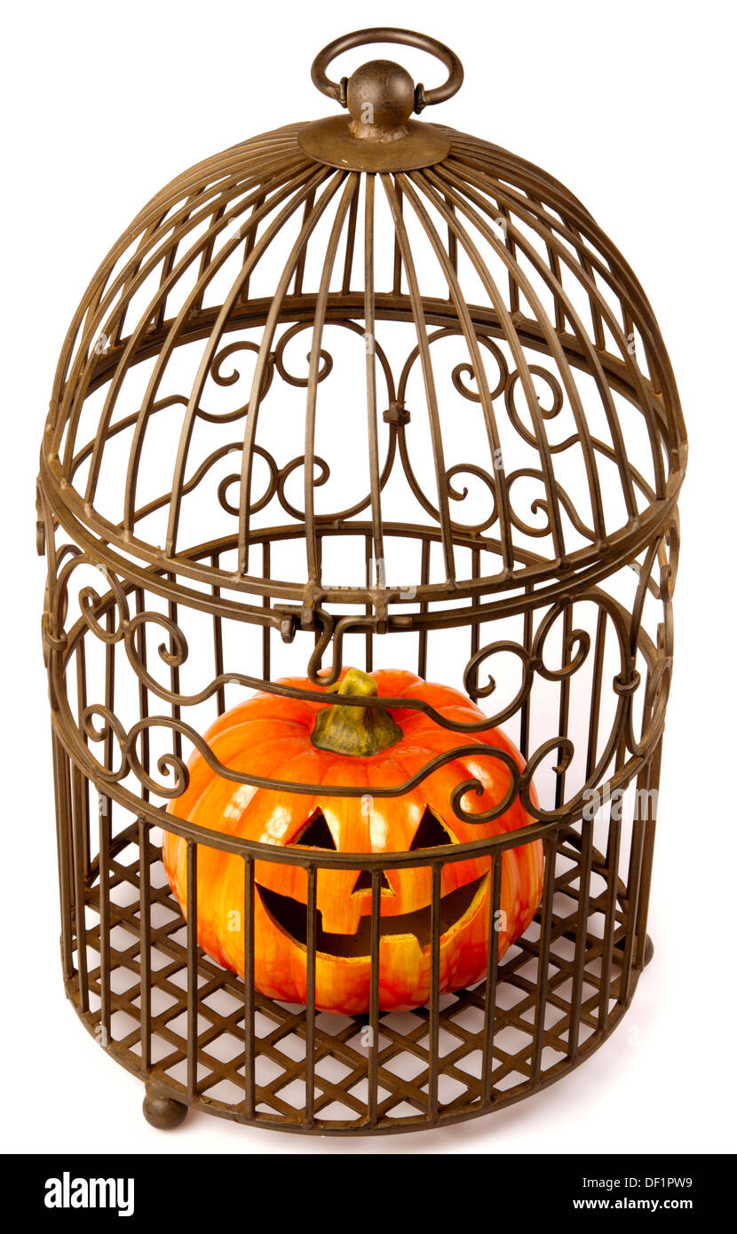 Halloween jack-o'-lantern pumpkin into a cage Stock Photo