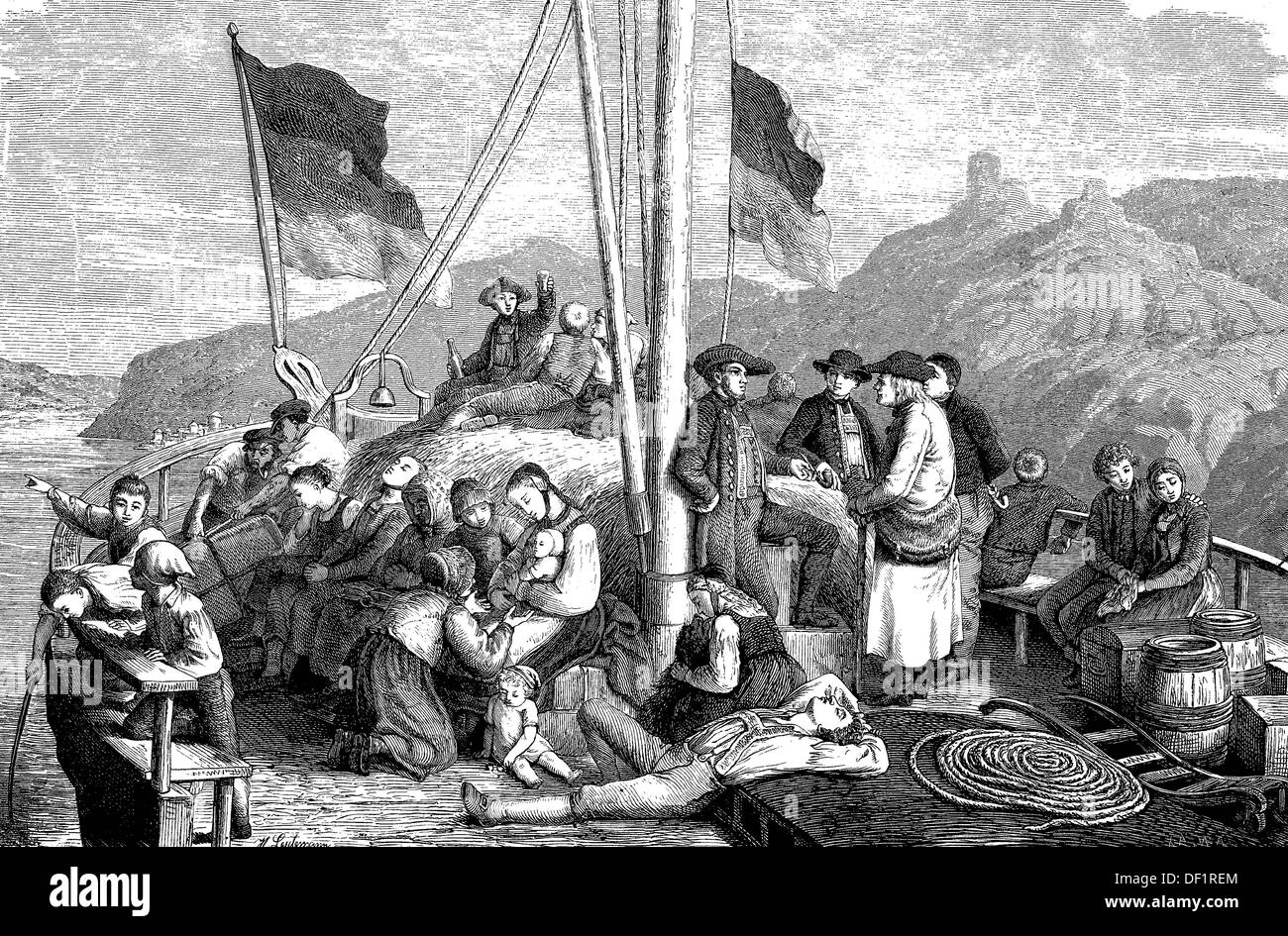 Emigrants on a boat on the Rhine, Germany, woodcut from 1864 Stock Photo