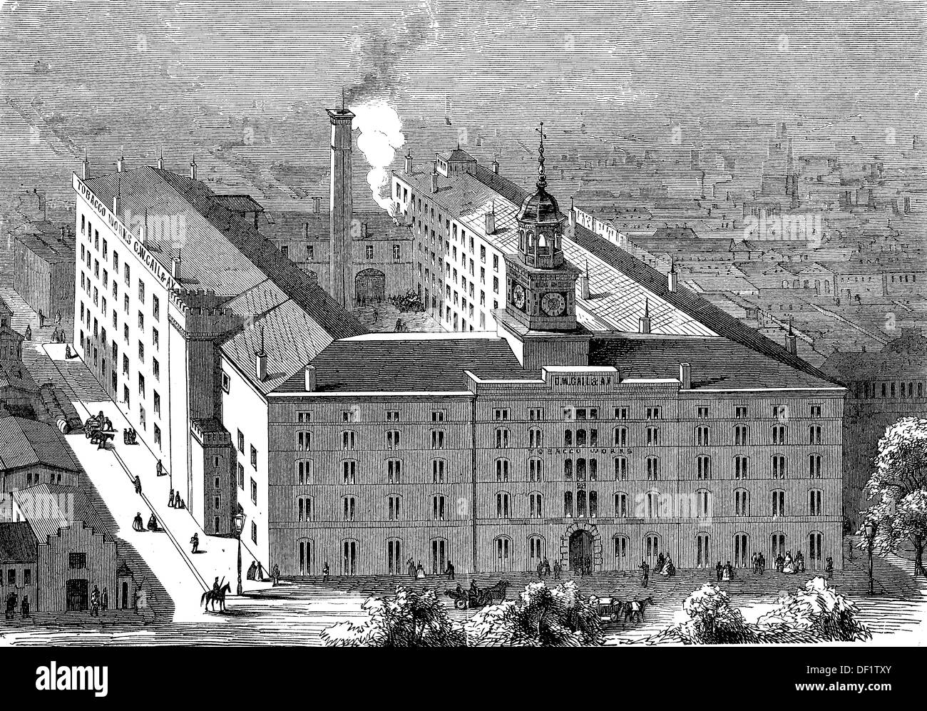 GW Gail & Ax's Tobacco Works in Baltimore, Tobacco Factory, Gail'sche cigar  factory, also Georg Philipp Gail AG, woodcut from 18 Stock Photo