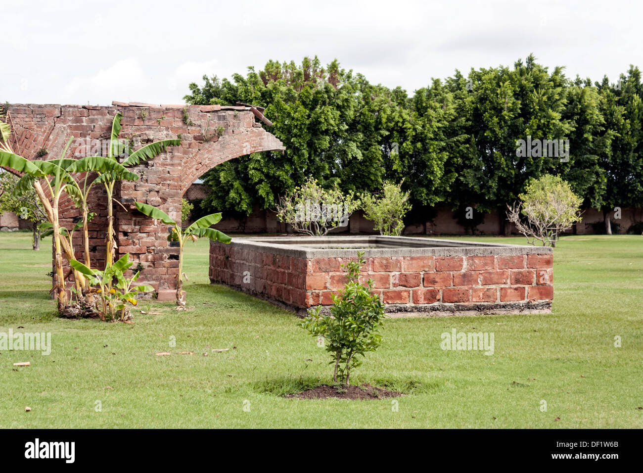 Brick arches and columns of aqueduct and grounds on an old Spanish Colonial Hacienda in the Tequila Valley of Mexico. Stock Photo