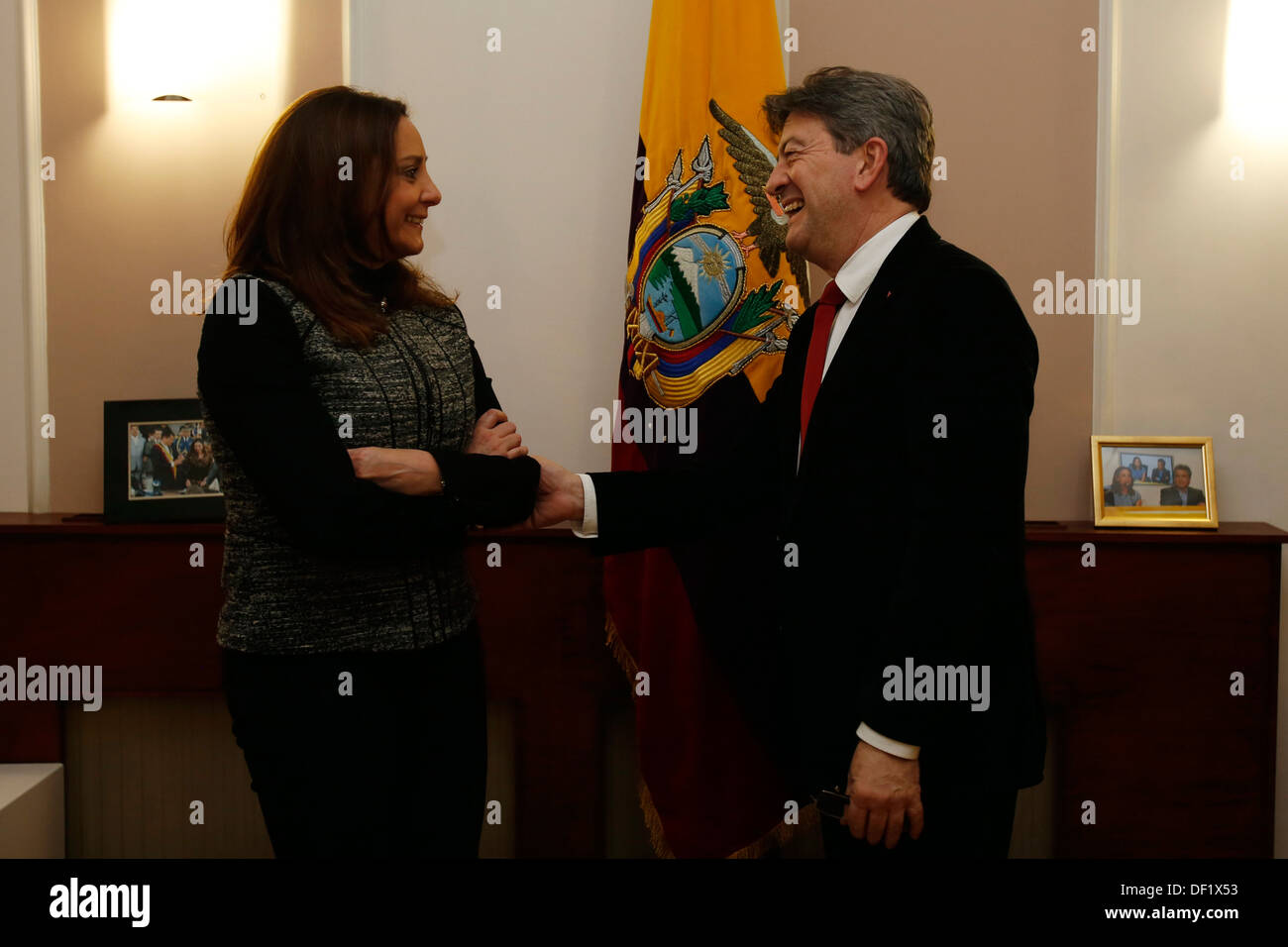 French politician Jean-Luc Mélenchon (R) and Ecuador Ambassador to the UK Ana Alban (L)are seen before a meeting with Wikileaks Stock Photo