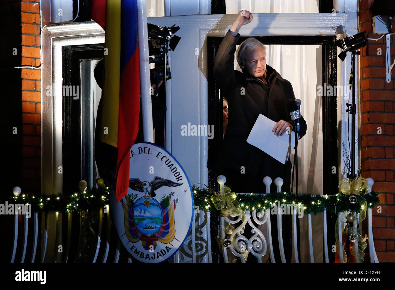 WikiLeaks founder Julian Assange delivers a speech from a balcony of the Ecuadorean embassy Stock Photo