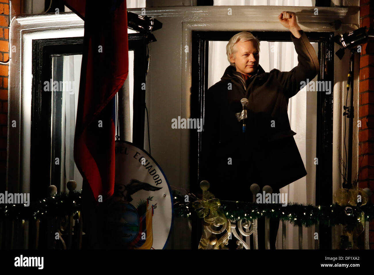 WikiLeaks founder Julian Assange delivers a speech from a balcony of the Ecuadorean embassy Stock Photo