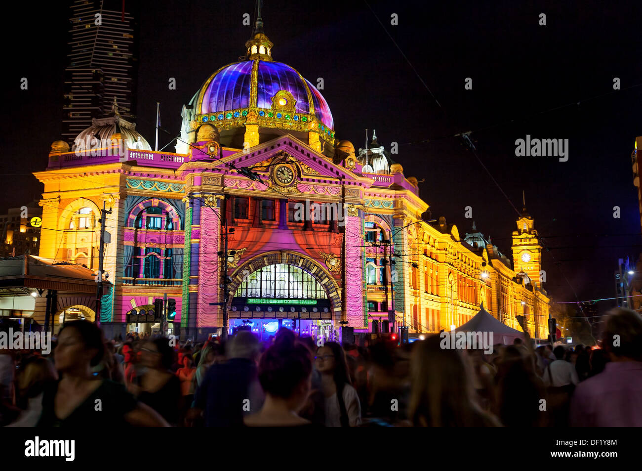 Melbourne Australia white nights / night festival in the city center, crowd of people in the city center to see Australian fest. Stock Photo