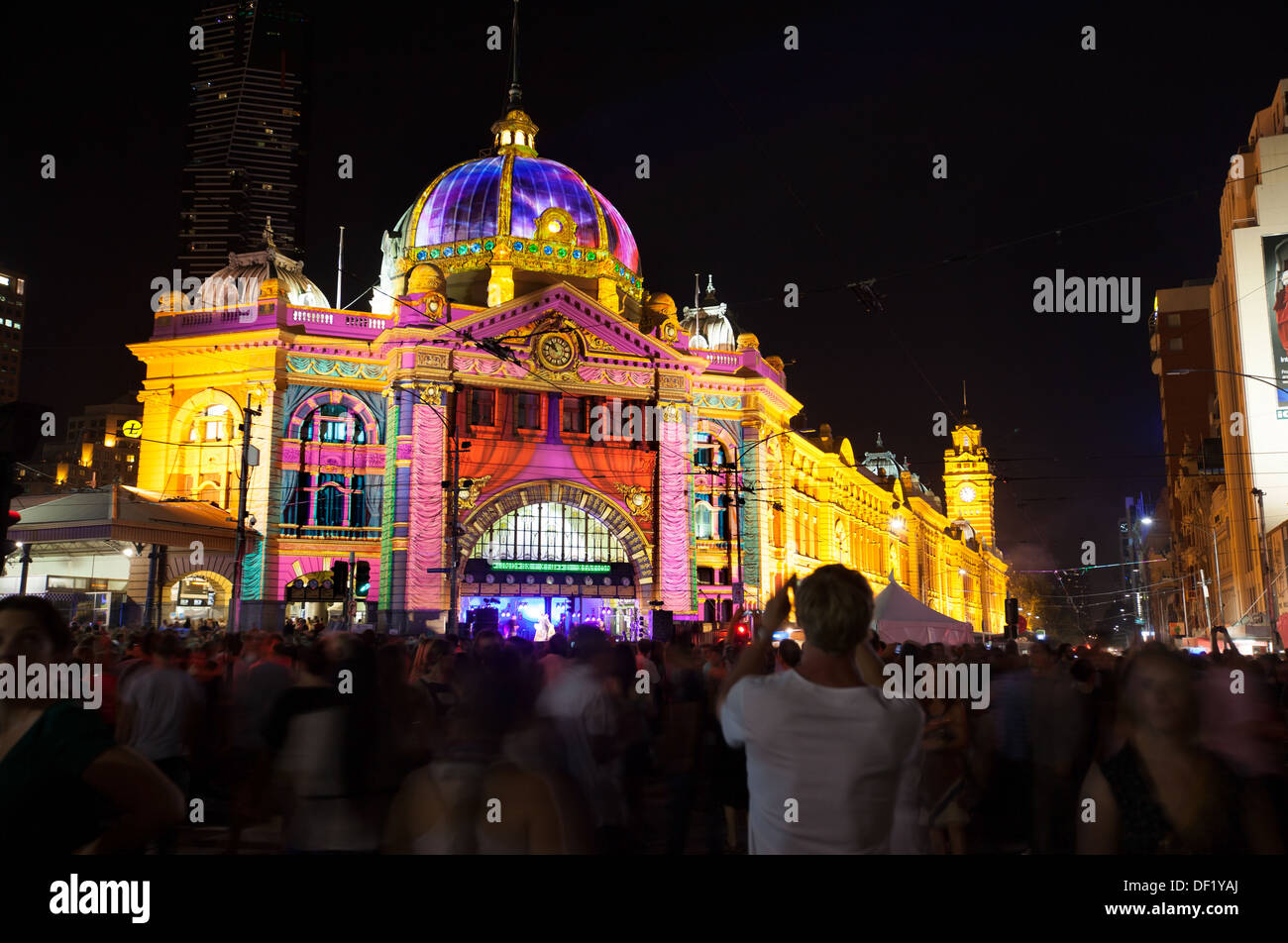 Melbourne Australia white nights / night festival in the city center Flinder street station. Stock Photo