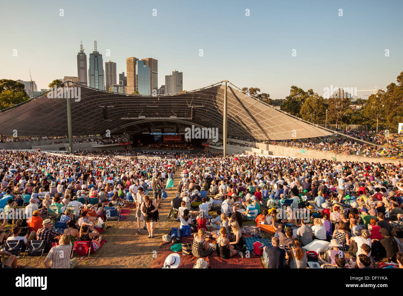 Melbourne Australia white nights / night festival in the city center, myer music bowl people in crowd. and city skyline. Stock Photo
