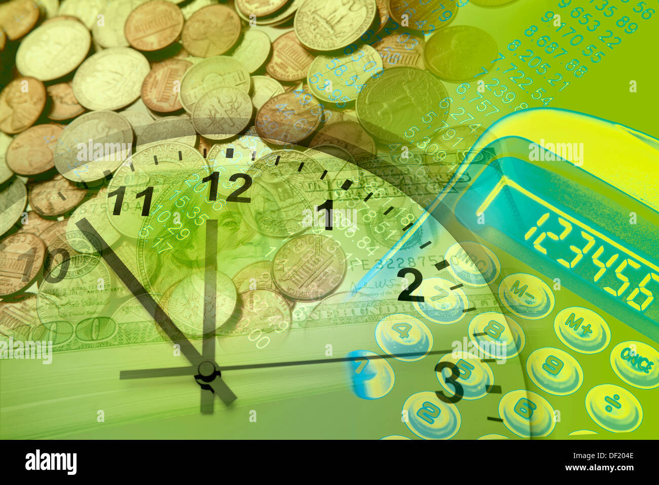Clock face, calculator and currency. Time is money concept Stock Photo