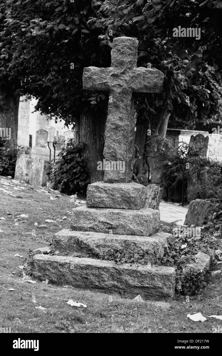 Stone Grave in a churchyard Black and White Stock Photo