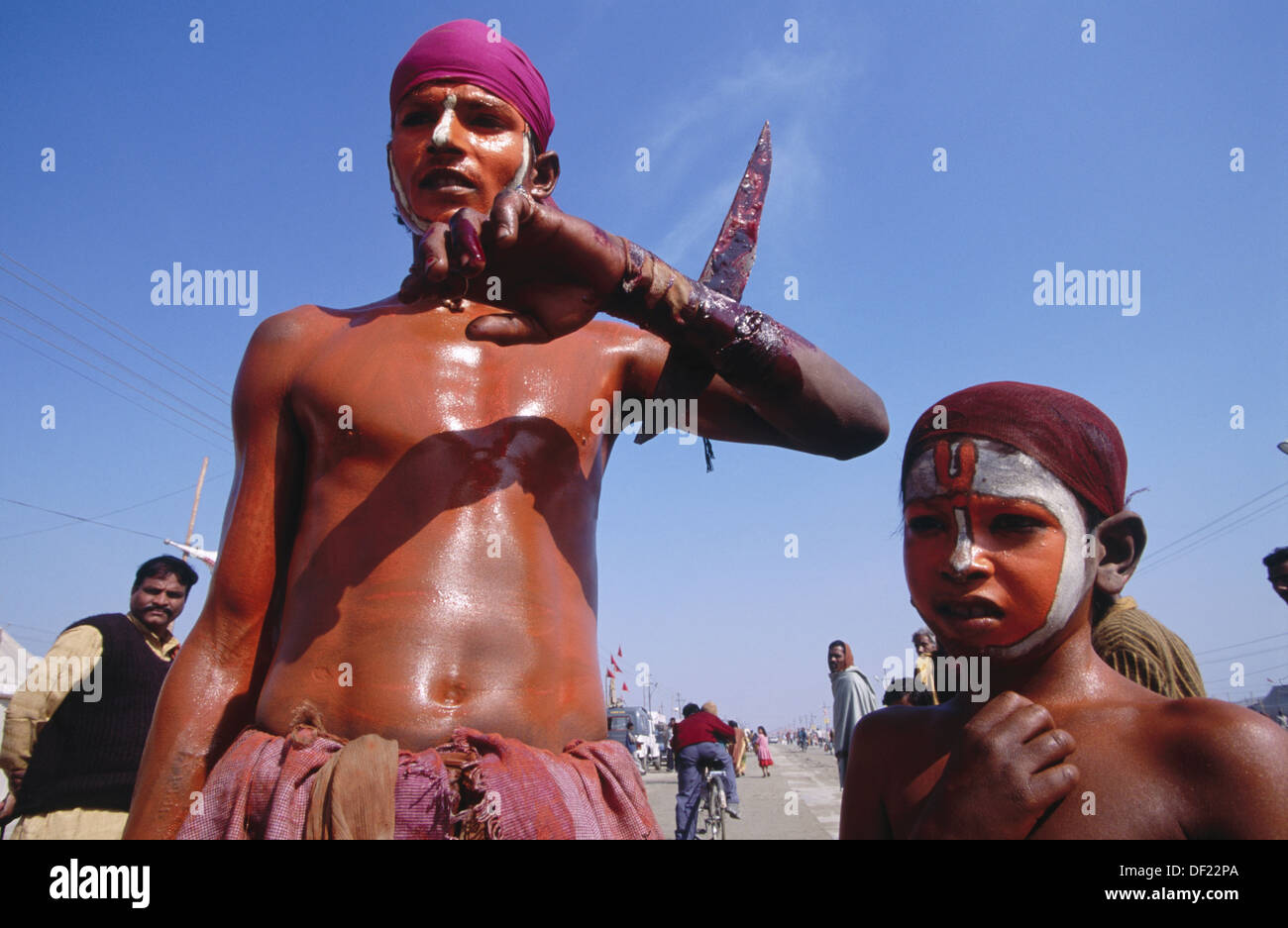 Self torturing hindu devotees. Kumbh Mela Festival. Allahabad, India Stock Photo