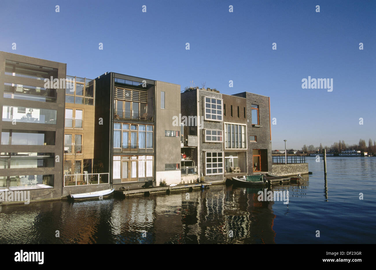 Modern apartments on water, Sporenburg, Amsterdam. Holland Stock Photo
