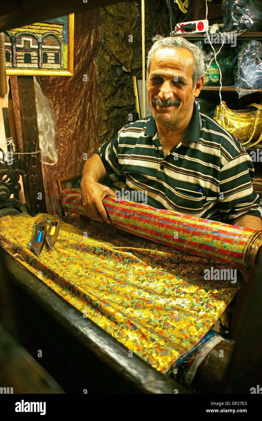 Ahmad Shkaki with the famed Saladin´s silk ´brocade´ at the Tekkiyé Suleimaniyé, Damascus, Syria Stock Photo