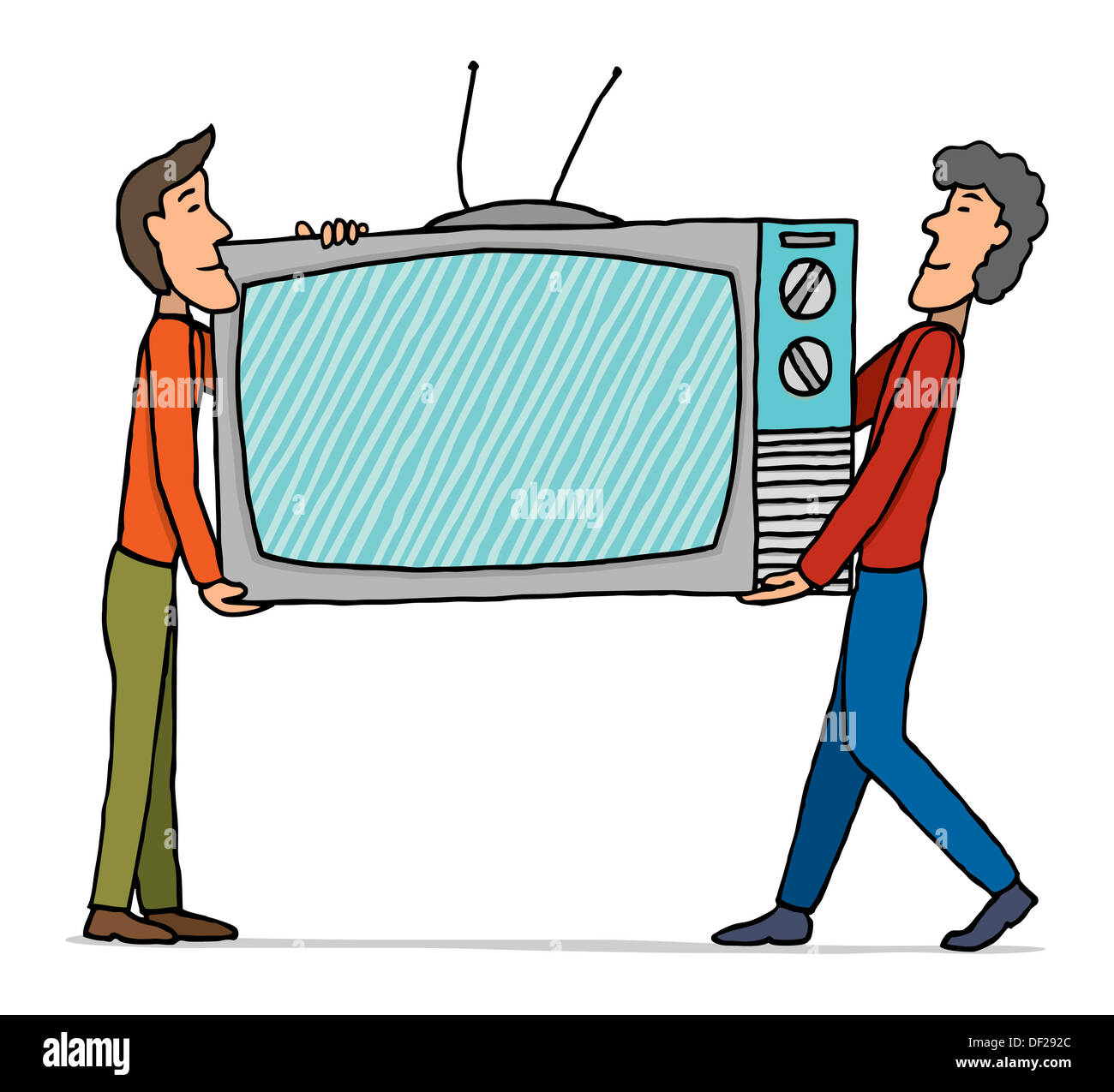 Teamwork / Moving huge tv set Stock Photo Alamy