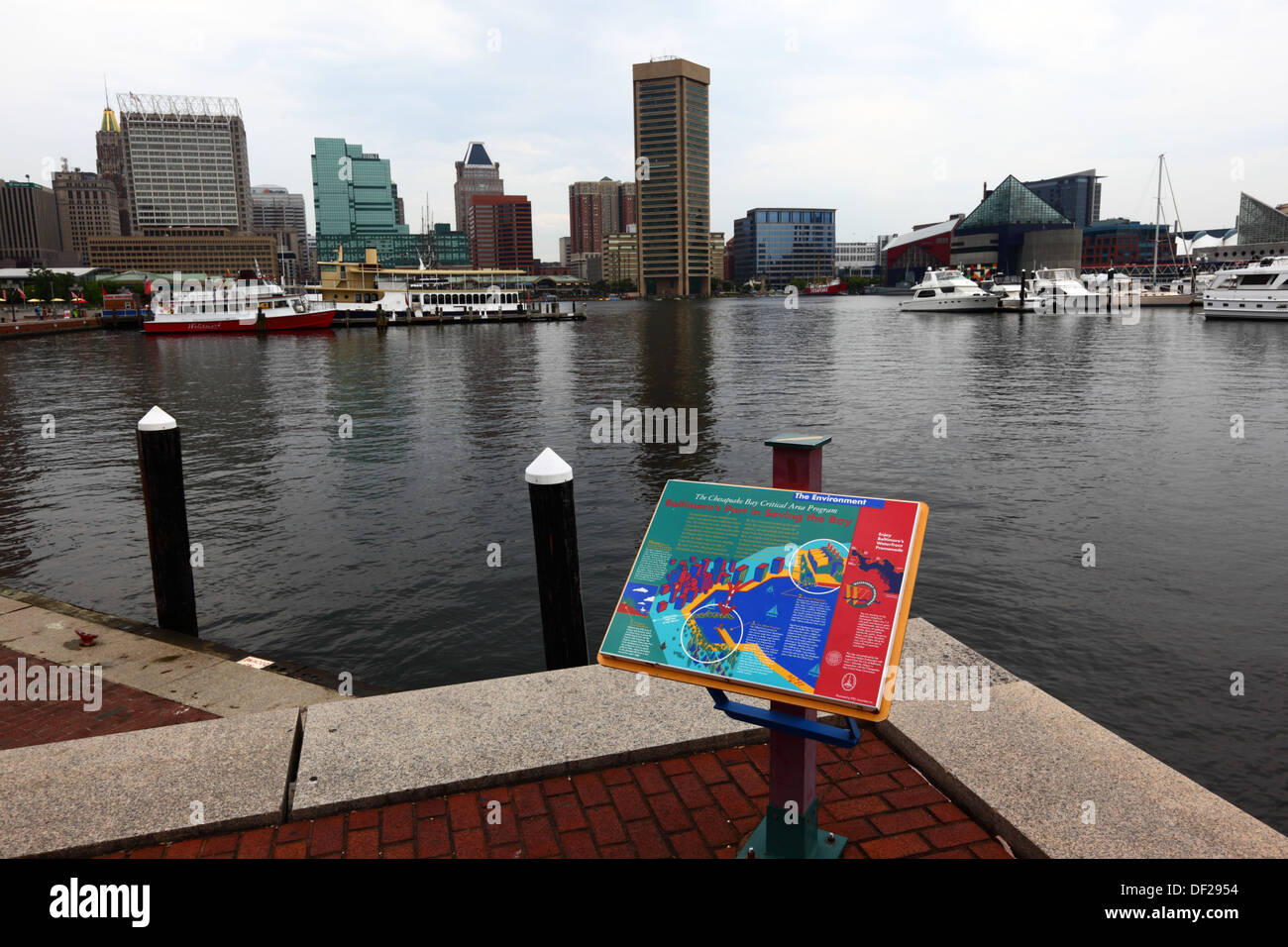 Sign describing the Chesapeake Bay Critical Area Program to clean up the Bay, Inner Harbor, Baltimore, Maryland, USA Stock Photo