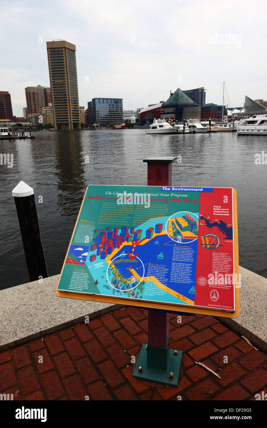 Sign describing the Chesapeake Bay Critical Area Program to clean up the Bay, Inner Harbor, Baltimore, Maryland, USA Stock Photo