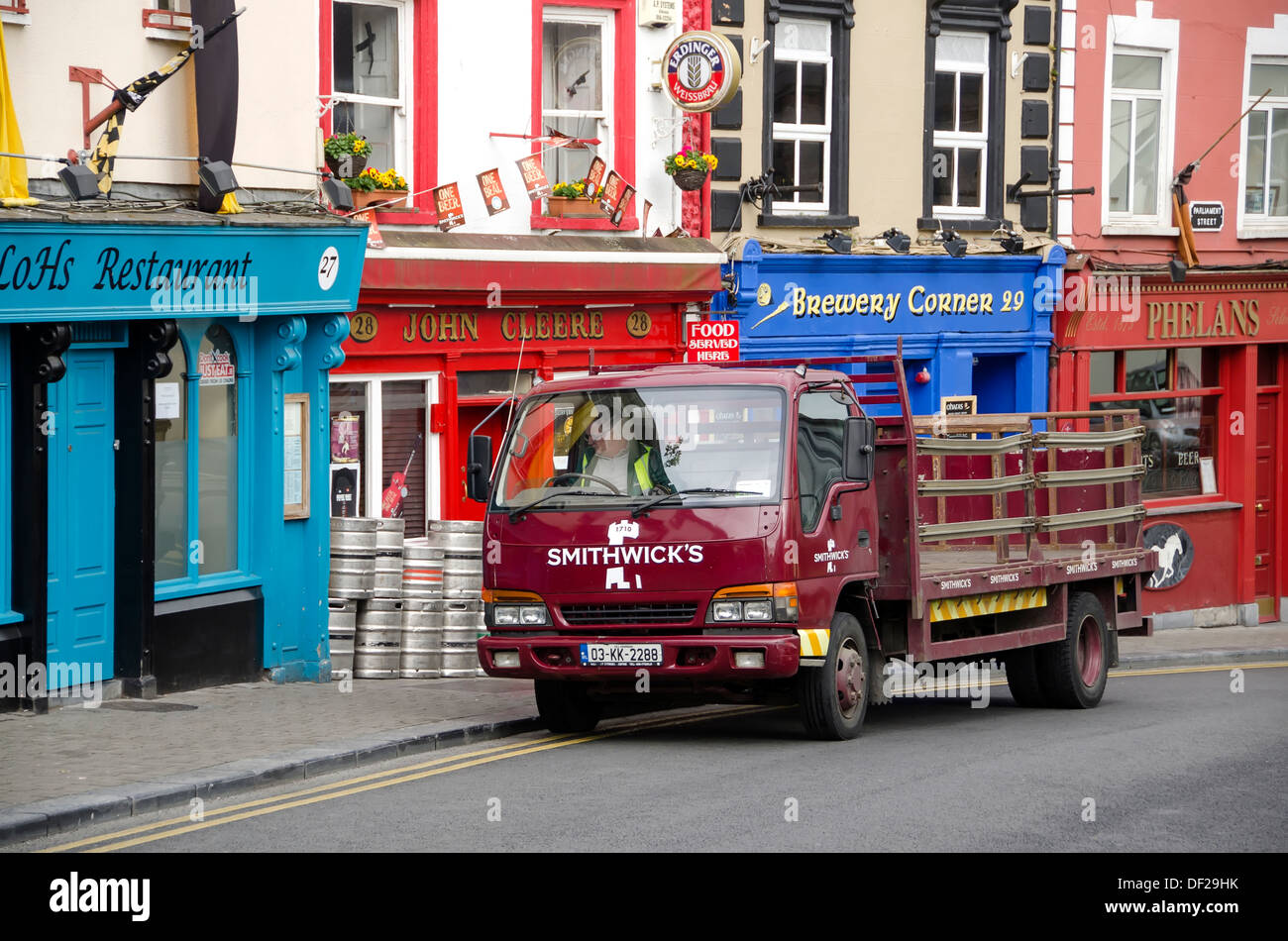 Smithwick's delivery truck in front of pubs in Kilkenny, home of Smithwick's brewery, Ireland. Stock Photo