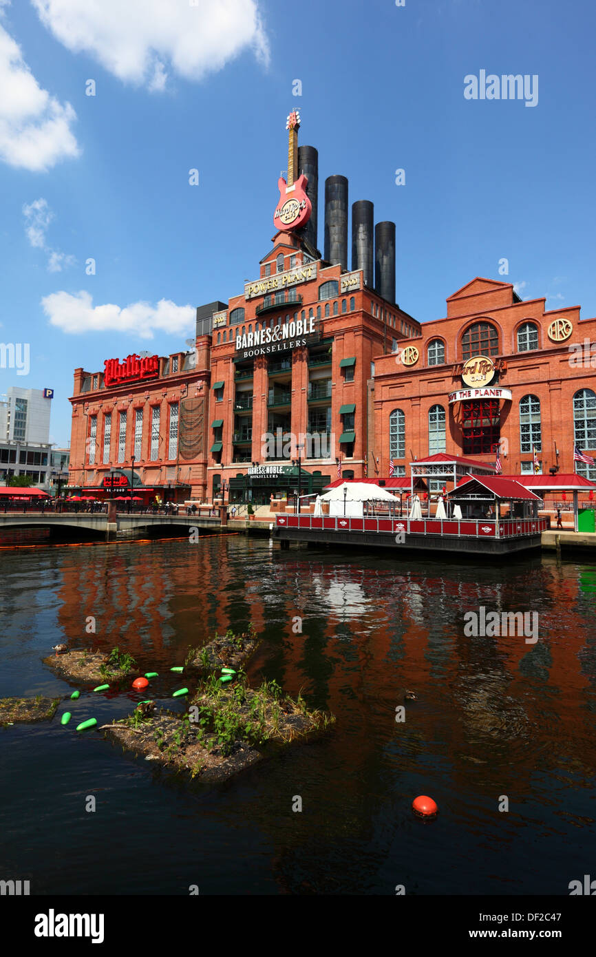 Artificial islands, part of a plan to reintroduce wetlands to the Inner Harbor, Power Plant building behind, Baltimore, USA Stock Photo