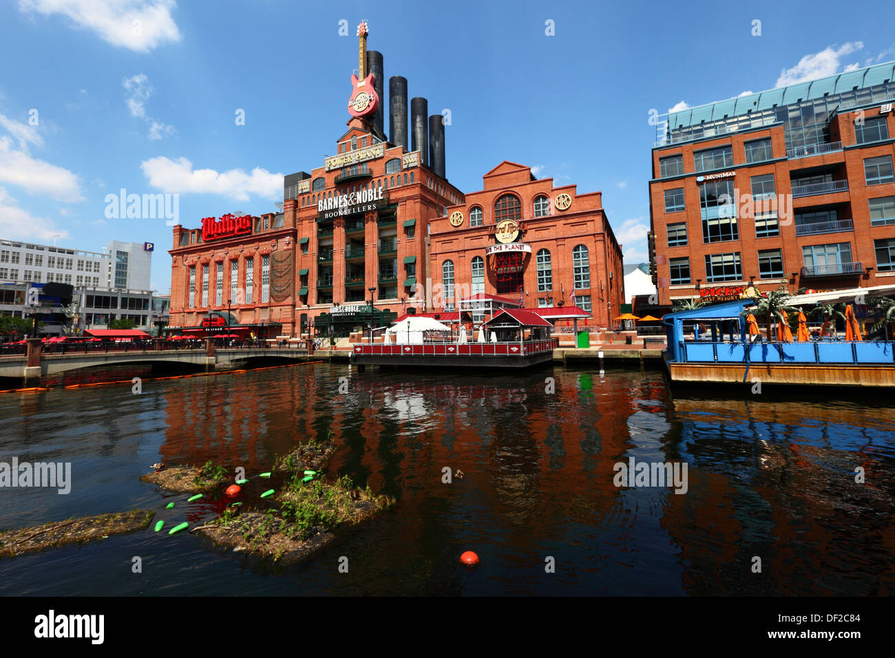 Artificial islands, part of a plan to reintroduce wetlands to the Inner Harbor, Power Plant building behind, Baltimore, USA Stock Photo