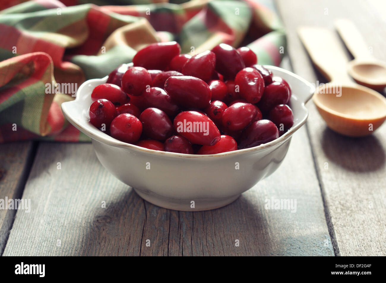 Fresh ripe cornel berries in white bowl on wooden background Stock Photo