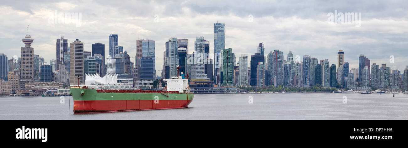 Vancouver BC Canada City Skyline Alone False Creek with Container Ship Panorama Stock Photo