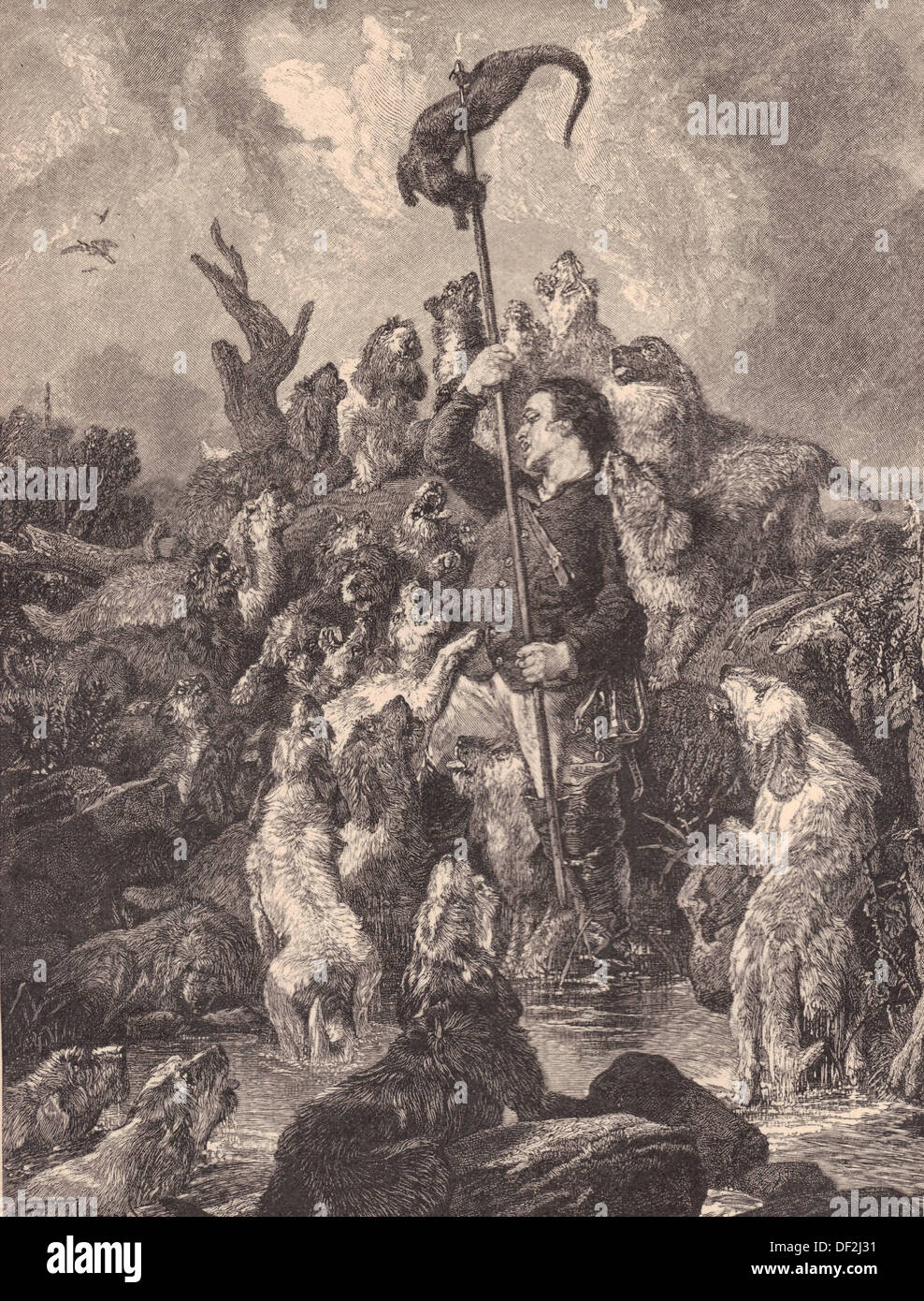 The Otter Hunt, engraving after the painting by Edwin Landseer Stock Photo