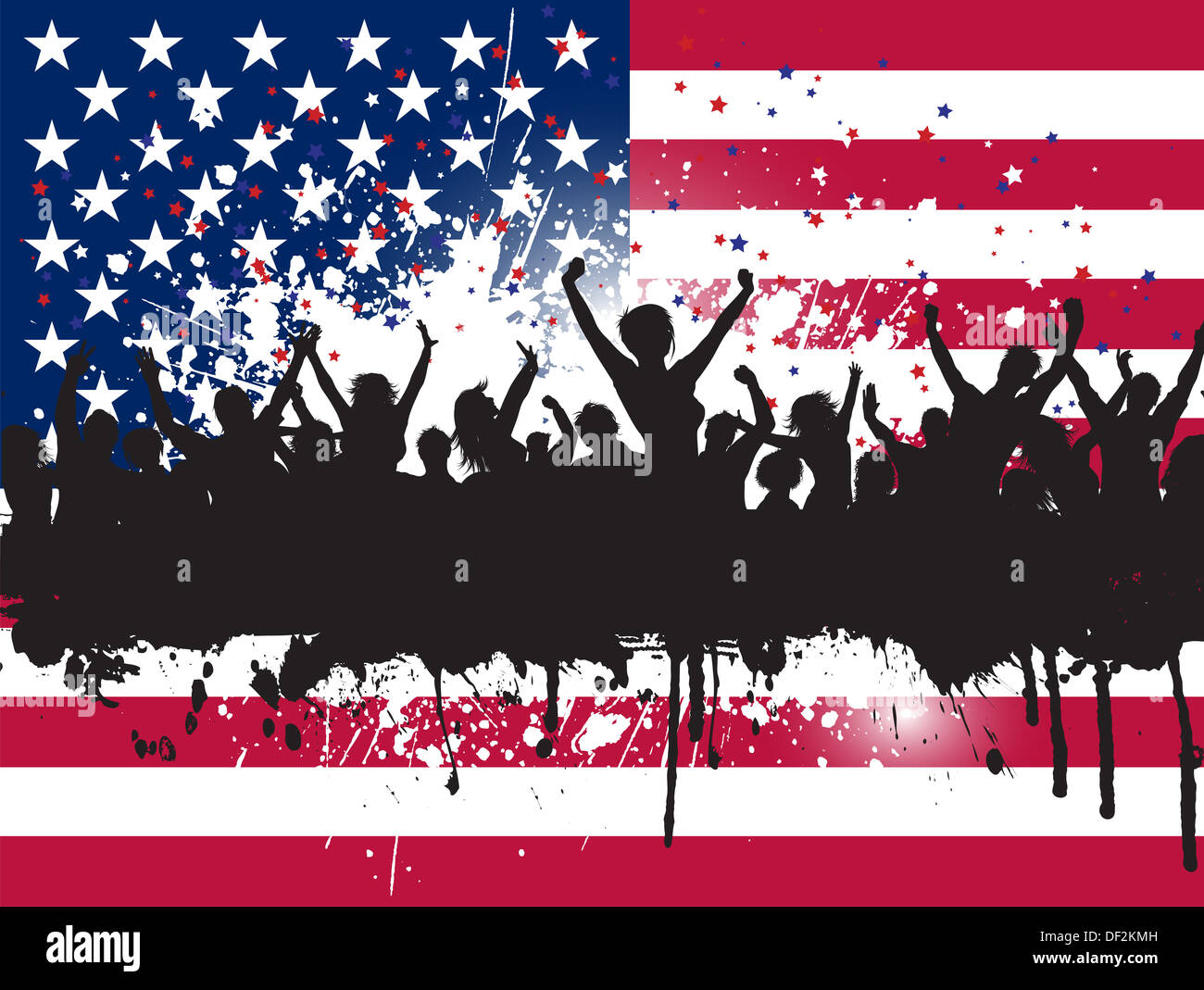 Silhouette of a grunge excited party crowd on an American flag background Stock Photo