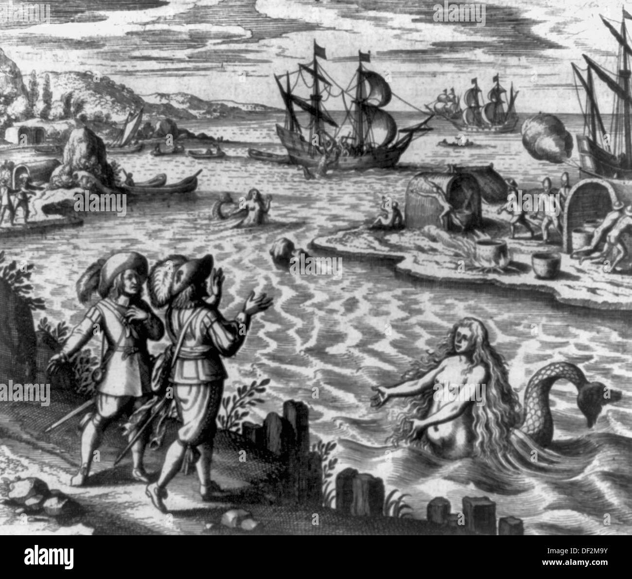 Two mermaids, men on island, ships and boats. Imagining the new world, 1594 Stock Photo