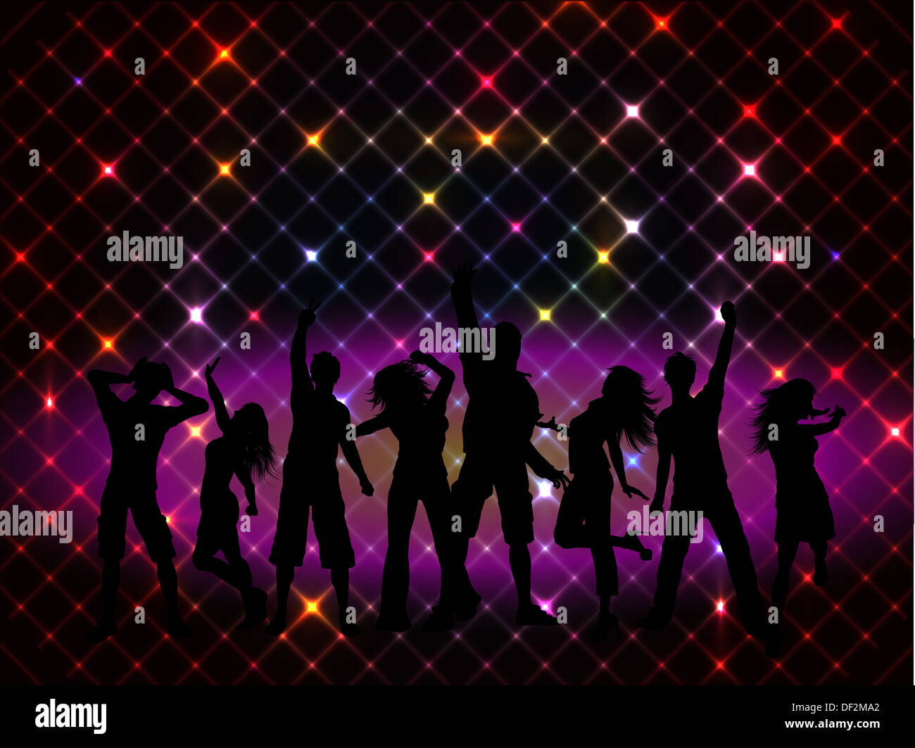 Silhouettes of people dancing on a disco lights background Stock Photo